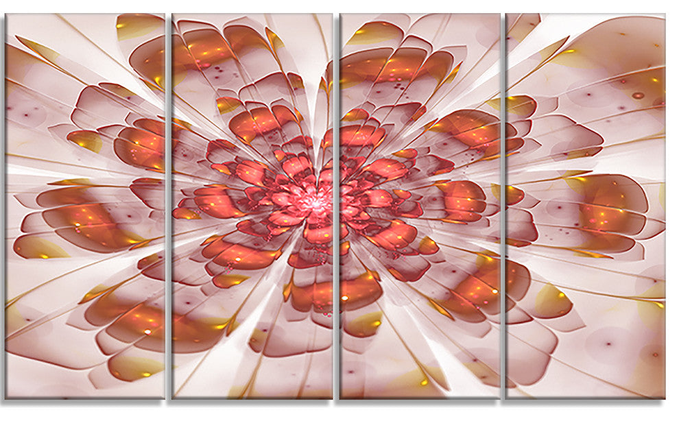 White Brown Fractal Flower, Floral Canvas Art Print, 48"x28", 4 Panels