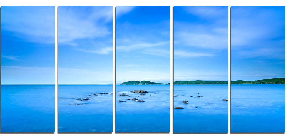 "Baratti Bay Small Rocks in Blue Sea" Seashore Wall Art, 5 Panels, 60"x28"