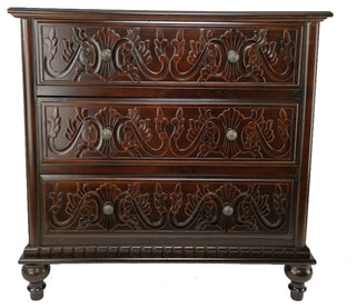 32" Classic Wood Dresser Chest, 3 Drawers, Floral Carving, Brass, Brown