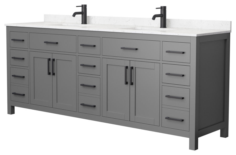 84"DBL Vanity Dark Gray, Carrara Cult. Marble Countertop, Sinks, Black Trim