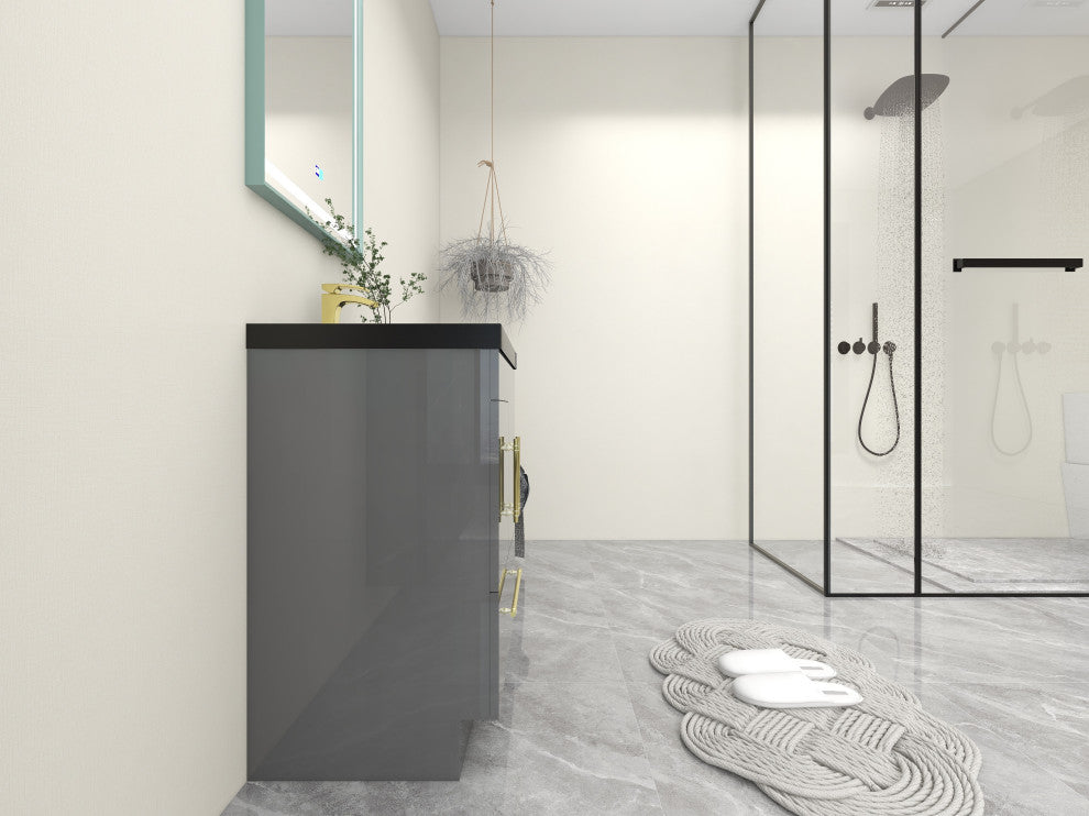 Rosa 24" Free Standing Modern Vanity, High Gloss Gray, Matt Black Top