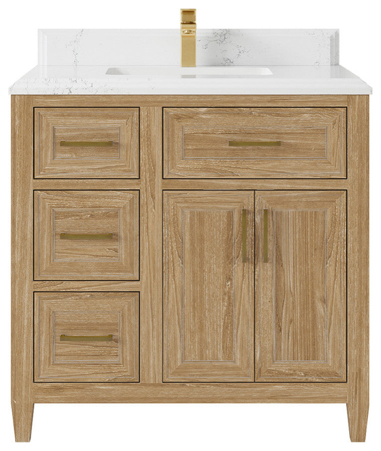 Santa Monica 36 Center Sink Bath Vanity in Whitewashed Teak 1.5" Empira Quartz