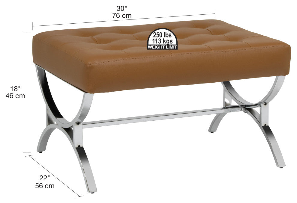 Newel Modern Square Ottoman Blended Leather and Chrome Metal Frame Caramel