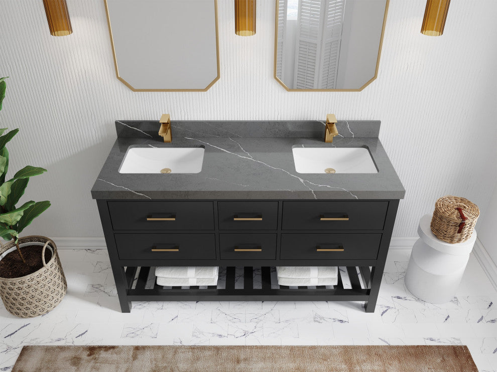 Parker 60" Double Sink Bath Vanity, Black 2" Piatra Gray