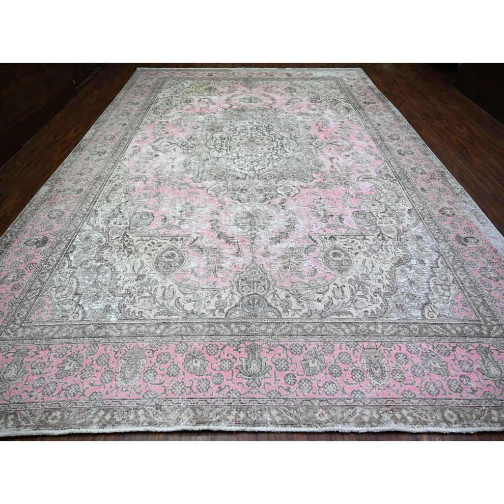 Blush Pink Vintage Tebraz Wool Hand Knotted Oversized Oriental Rug 11'3"x15'9"
