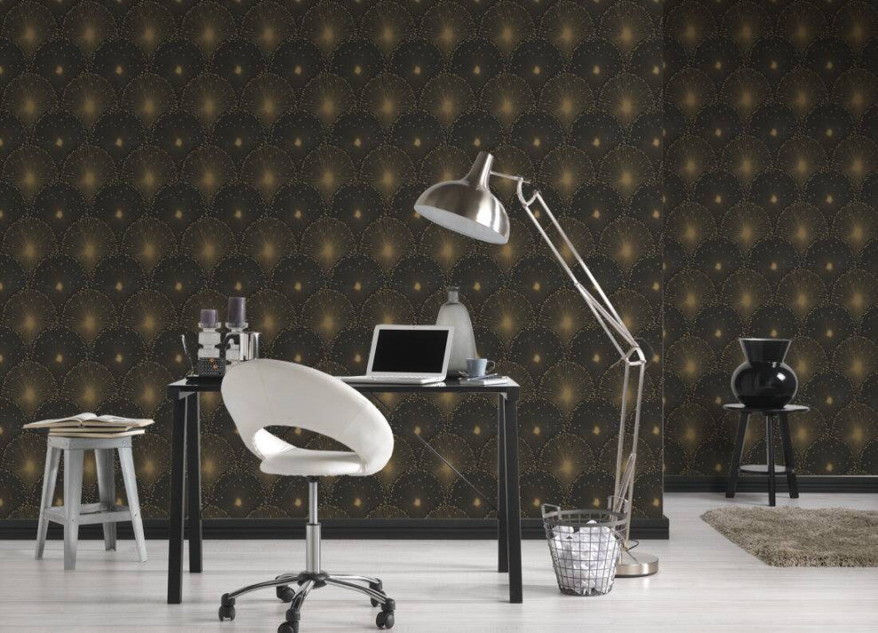 Modern Textured Wallpaper Art Deco Pattern, Gold Anthracite Black, Sample