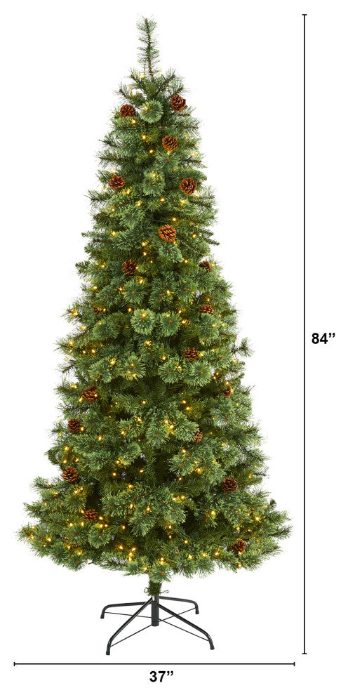 7' White Mountain Pine Faux Xmas Tree With 400 Clear LED Lights and Pine Cones