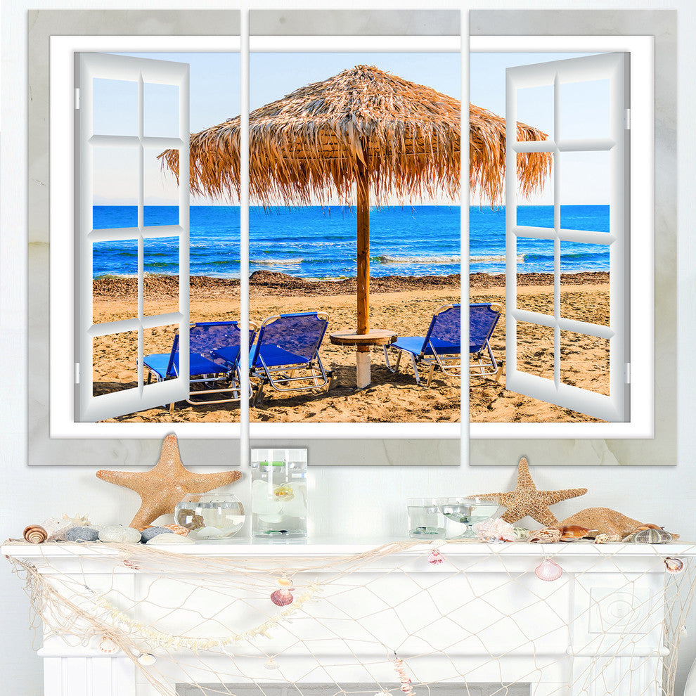 "Window Open to Beach Hut With Chairs" Metal Wall Art, 3 Panels, 36"x28"