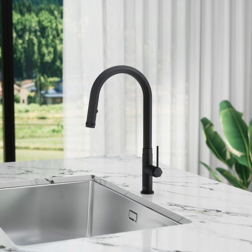 Single Handle Deck Mounted High Arc Pull Down Brass Kitchen Faucet, Matte Black