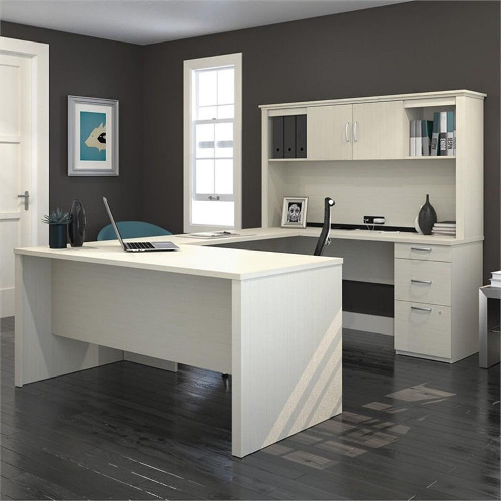 Bestar Logan Modern Wood U Shape Computer Desk with Hutch in White Chocolate