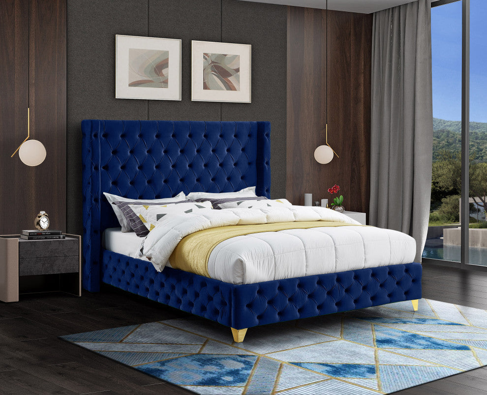 Savan Velvet Upholstered Bed, Navy, Queen