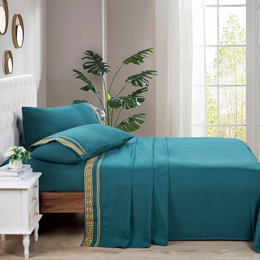 Serenta Greek Key Embroidered Microfiber 4 Piece Bed Sheet Set, Dark Teal, King