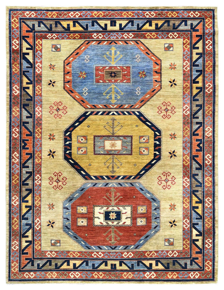 Green Soft Wool Hand Knotted Armenian Inspired Design 200 KPSI Rug, 10'2"x13'6"