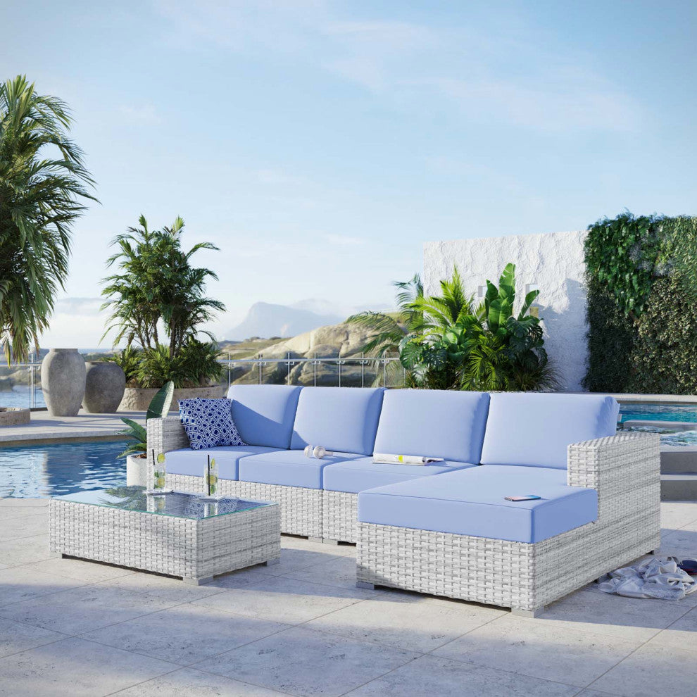 Lounge Sectional Sofa Chair Set, Rattan, Wicker, Gray Blue, Modern, Outdoor