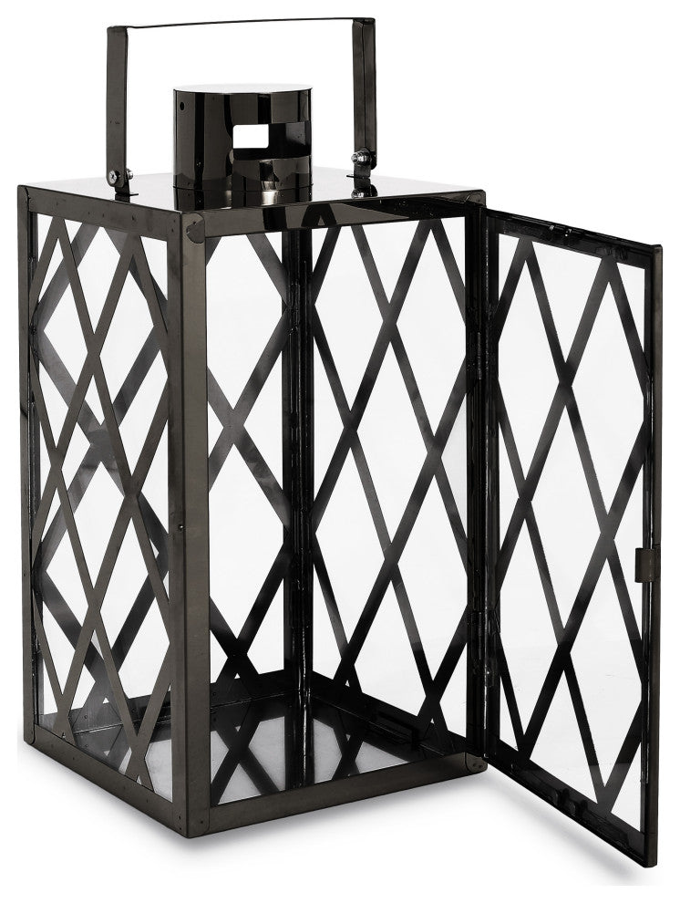 Cecil Outdoor 14" Modern Stainless Steel Lantern, Black