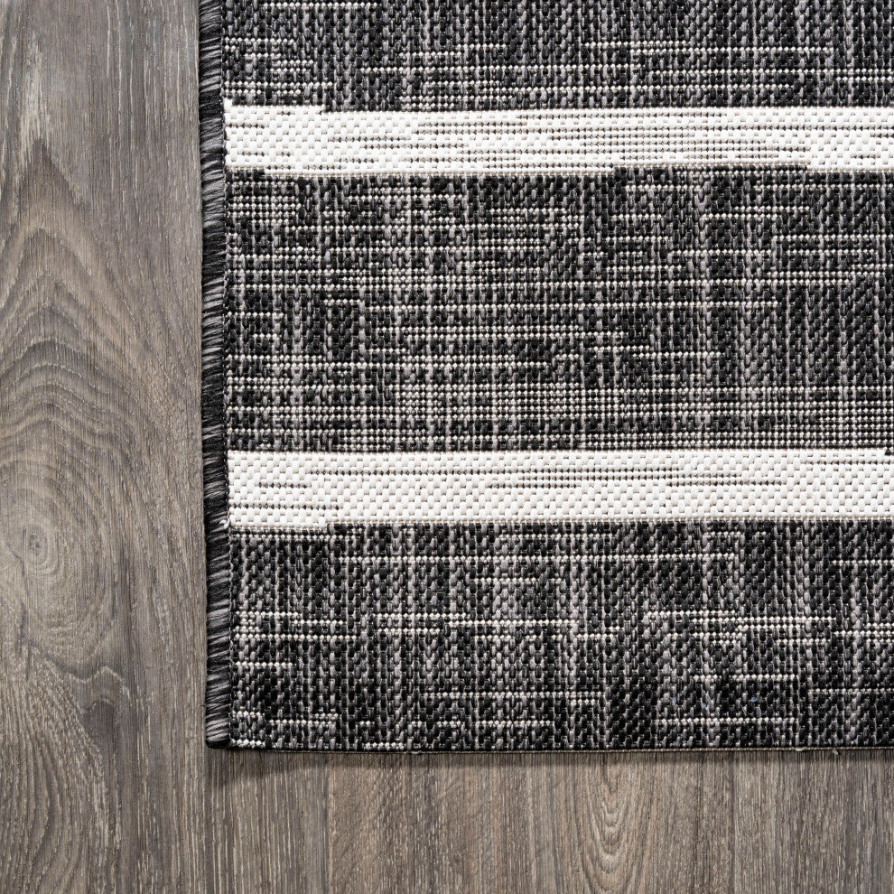 Colonia Berber Stripe Indoor/Outdoor Rug, Black/Ivory, 2x8