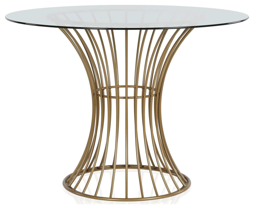 Modern Dining Table, Cage Like Brass Finished Base With Round Tempered Glass Top