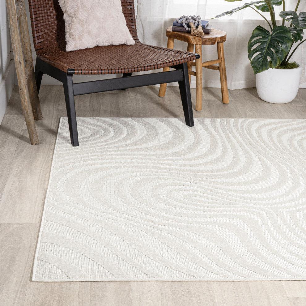 High-Low Groovy Striped Cream/Ivory 3 ft x 5 ft Indoor/Outdoor Area Rug