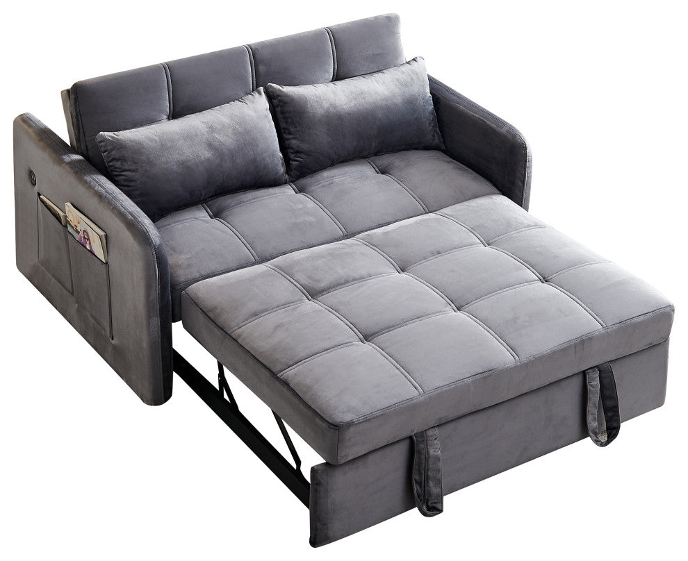 TATEUS 55.5" Twins Pull Out Sofa Bed Velvet for Small Room Grey