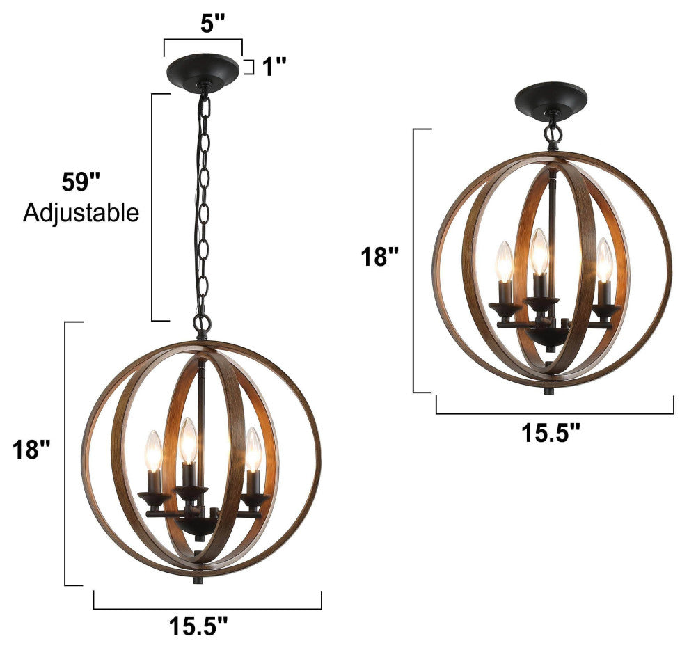 LNC Farmhouse Amtique Globe Brown Wood Chandelier for Kitchen Island, 3 Lights