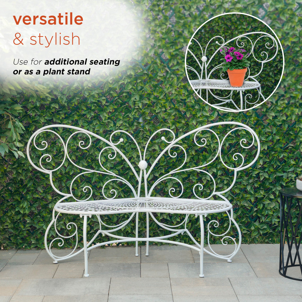 62"L Indoor/Outdoor 2 Person Metal Butterfly Shaped Garden Bench, White - Thumbnail 5