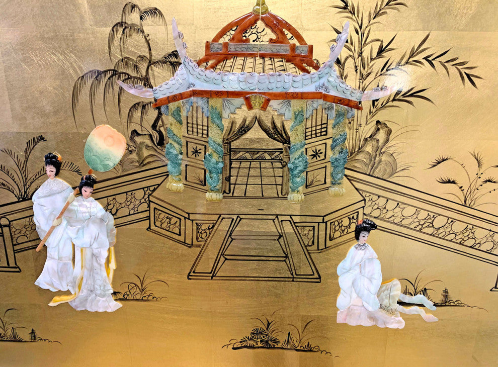 Gold Leaf Oriental Head Board With Mother of Pearl Pagoda Scene, Gold, 56"