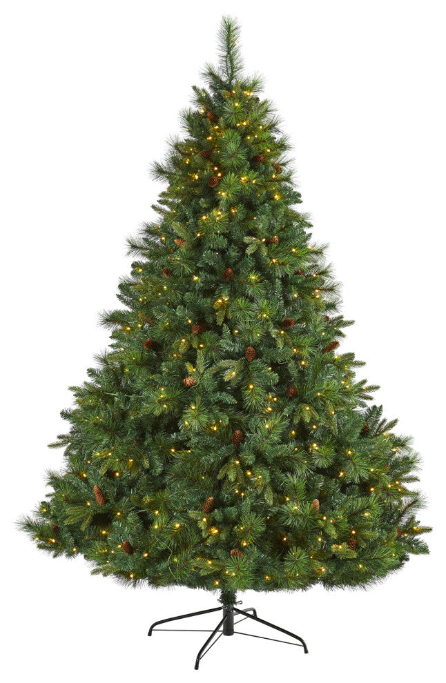 7.5' West Virginia Full Bodied Mixed Pine Faux Xmas Tree W/ Lights & Pinecones