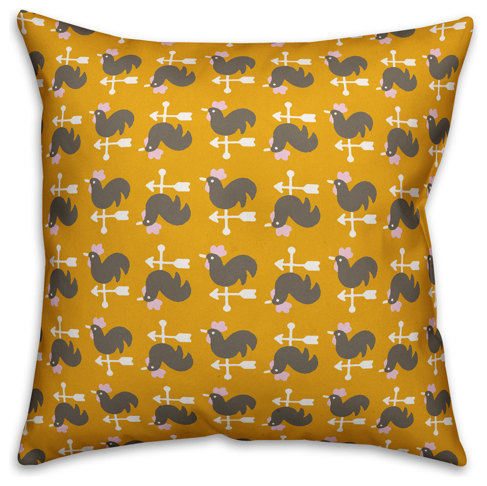 Yellow Rooster Pattern Outdoor Throw Pillow, 16"x16"