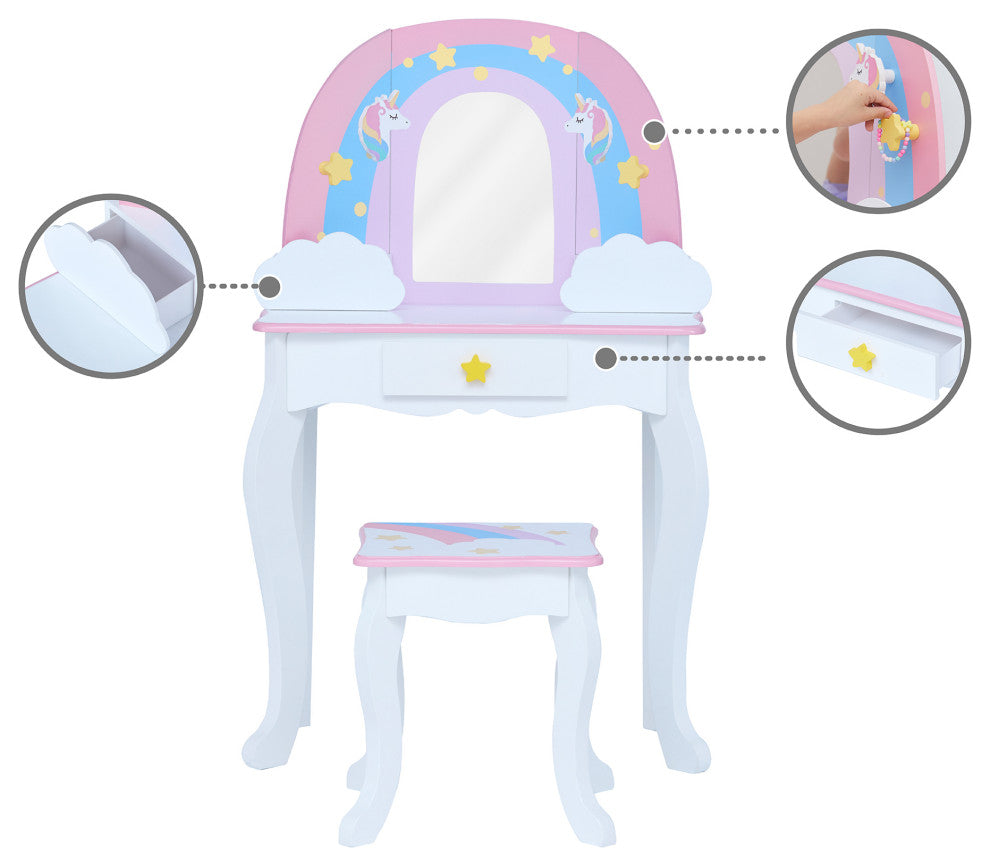 Unicorn Vanity Table Set w/ Mirror, White