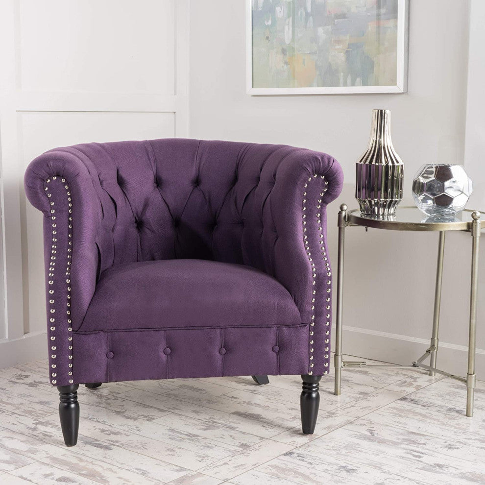 Elegant Plum Velvet Armchair with Tufted Back and Studded Scroll Arms