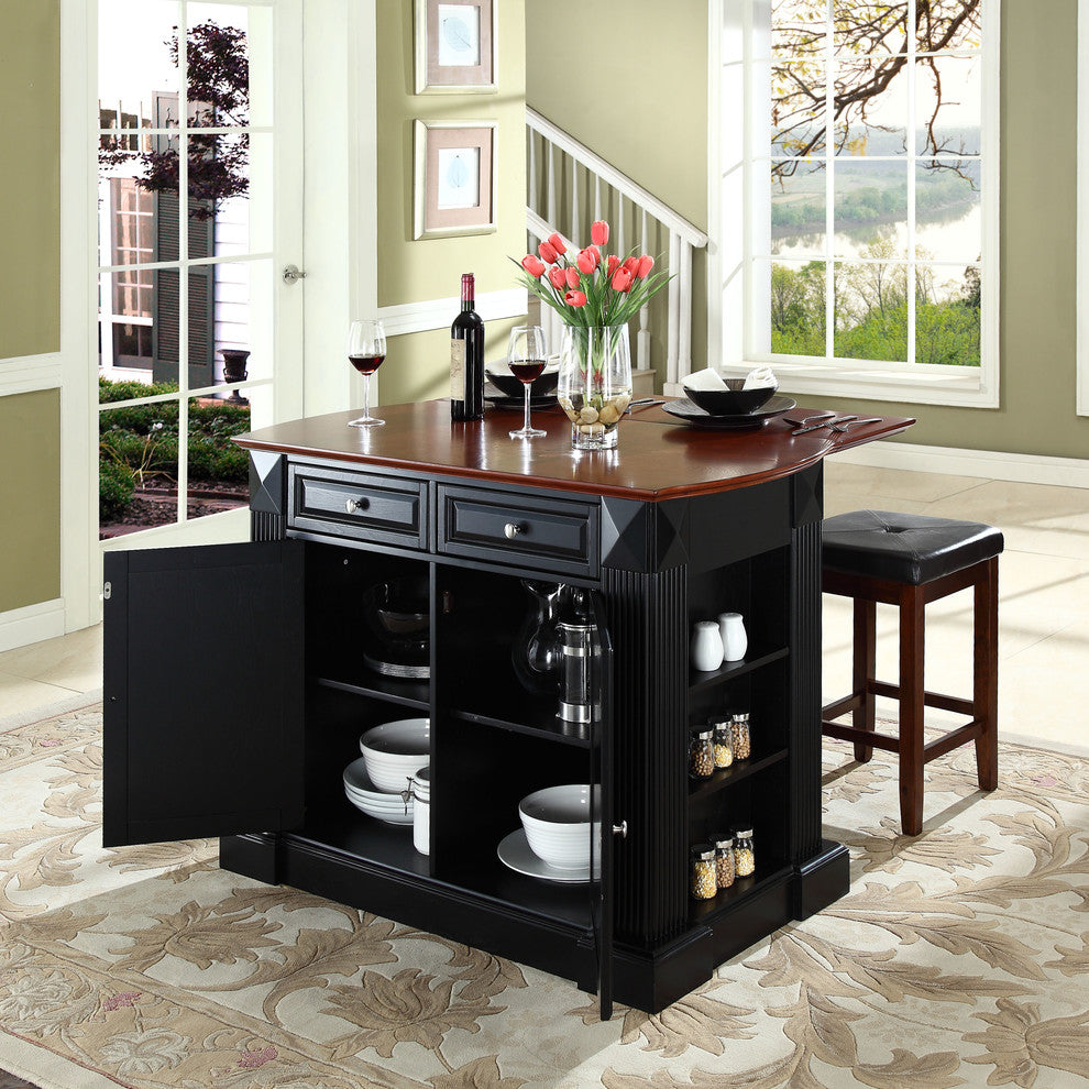 Drop Leaf Breakfast Kitchen Island, Black, 24" Upholstered Square Seat Stools