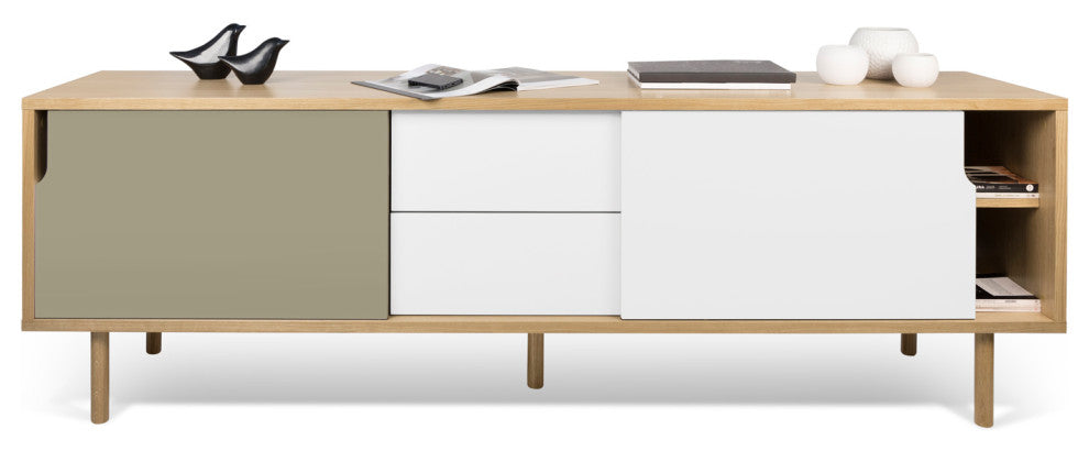 Modern Long Wood 2 Tone Sideboard , White/Grey Door, Oak Leg