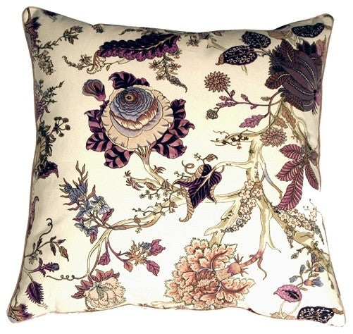 Pillow Decor - Highland Floral Cream and Purple 20 x 20 Throw Pillow