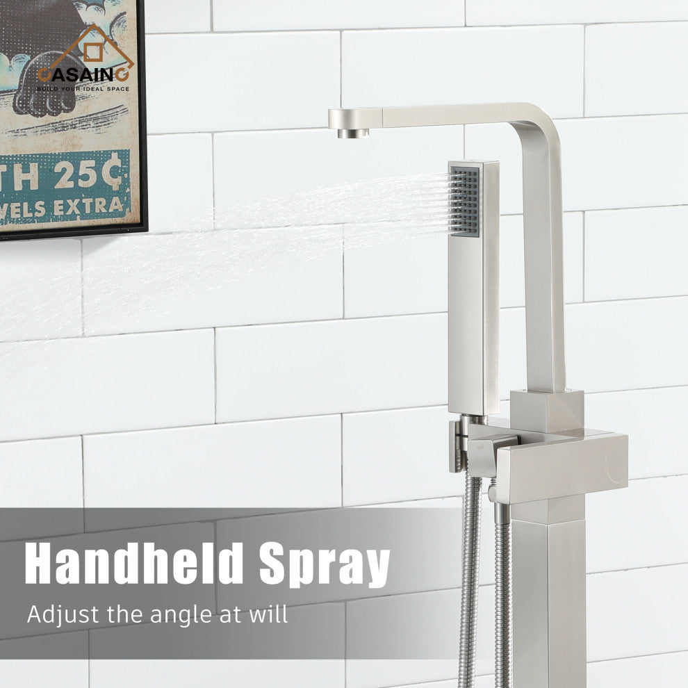 Floor Mount Tub Filler with Handheld Shower Head, Brushed Nickel
