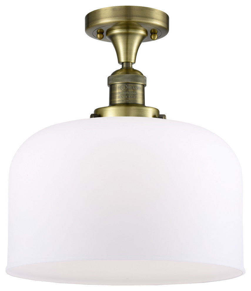 X-Large Bell 1-Light Semi-Flush Mount, Antique Brass, Matte White