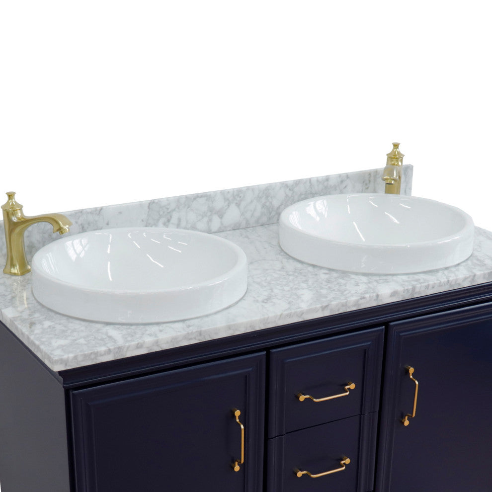 49" Double Vanity, Blue Finish With White Carrara And Round Sink