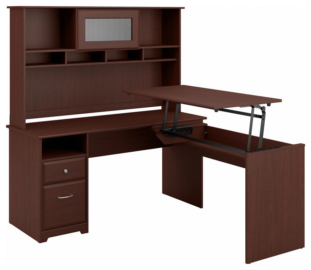 Cabot 3 Position L Shaped Sit to Stand Desk With Hutch, Harvest Cherry