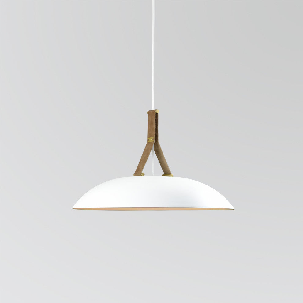 Volo LED Pendant, Blanc, White/Brushed Brass/Tan Leather/White Washed Oak, 2700K