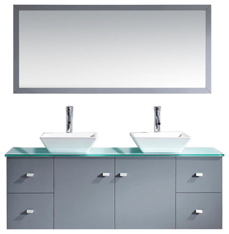 Clarissa 61" Double Bathroom Vanity Set, Gray, Aqua Tempered Glass Countertop, P