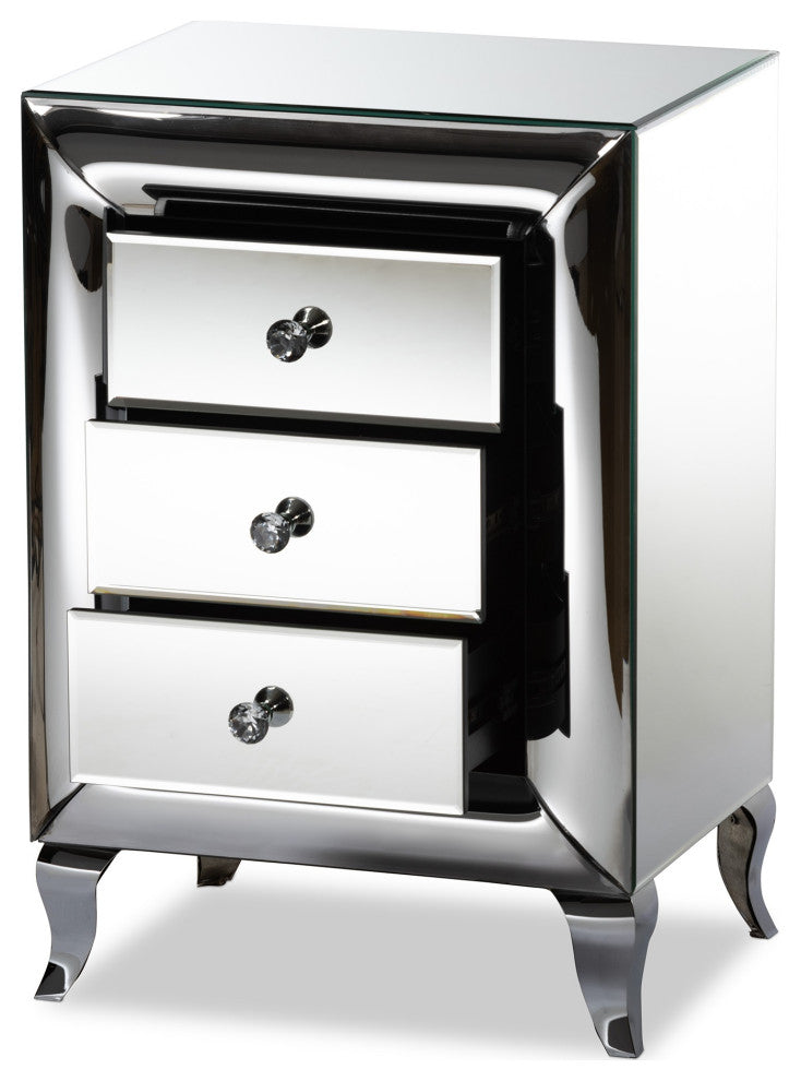 Pauline Contemporary Glam and Luxe Mirrored 3-Drawer Nightstand