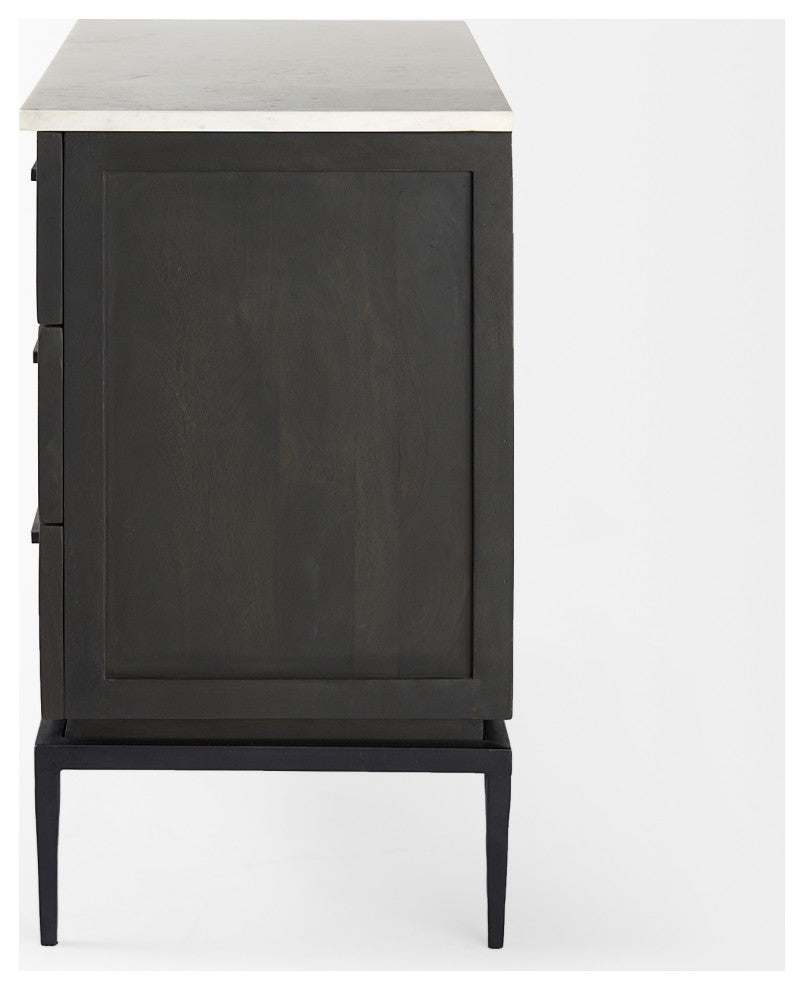 Divina Black-Brown Wood, White Marble Top and Black Metal Base Accent Cabinet