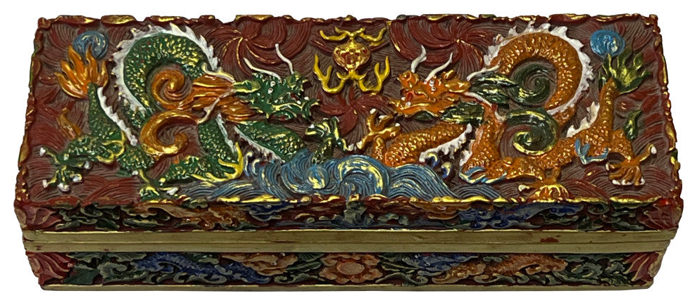 Chinese Mix Color Red Resin Lacquer Dragons Box Display Art Hws2552