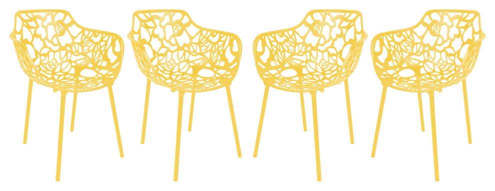 LeisureMod Modern Devon Aluminum Chairs, With Arms, Set of 4, Yellow