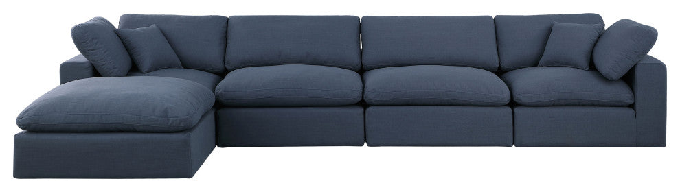 Comfy Upholstered L-Shaped Modular Sectional, Navy, 5-Piece: 2 Armless Chair, 2 Corner Chair, 1 Ottoman, Linen Textured Fabric