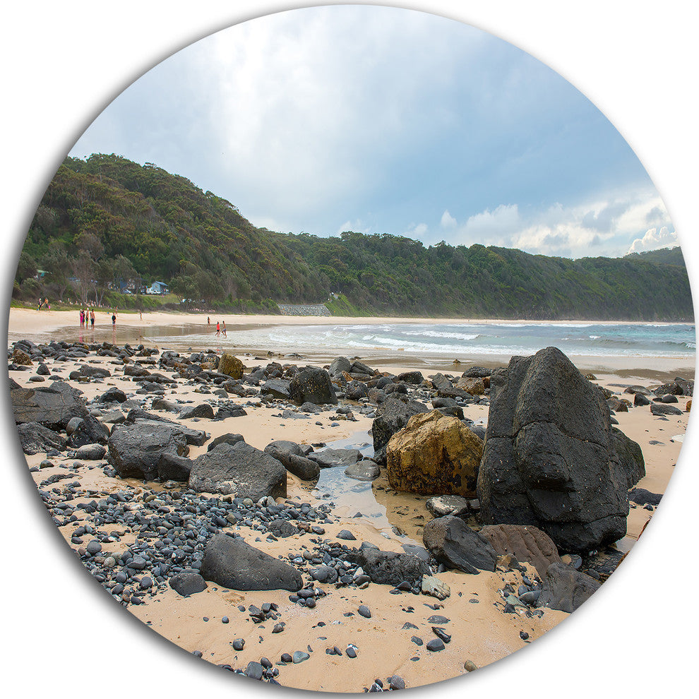 Pretty Beach With Small And Big Rocks, Seashore Disc Metal Artwork, 11"