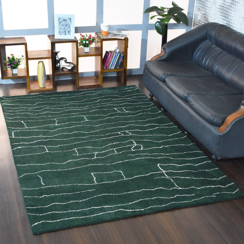 HAND KNOTTED LOOM SILK AREA RUGS-5'x8',Rectangle,Dark Green White,Contemporary