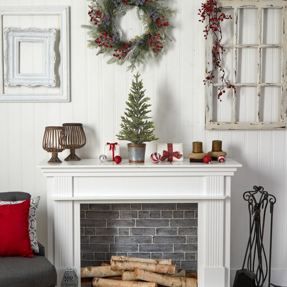 26" Pine Natural Look Faux Xmas Tree W/ 35 White Lights, Rustic Metal Planter