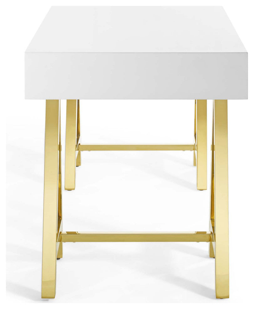 Computer Work Desk Entry Table, Wood, Metal, Gold White, Home Business Office