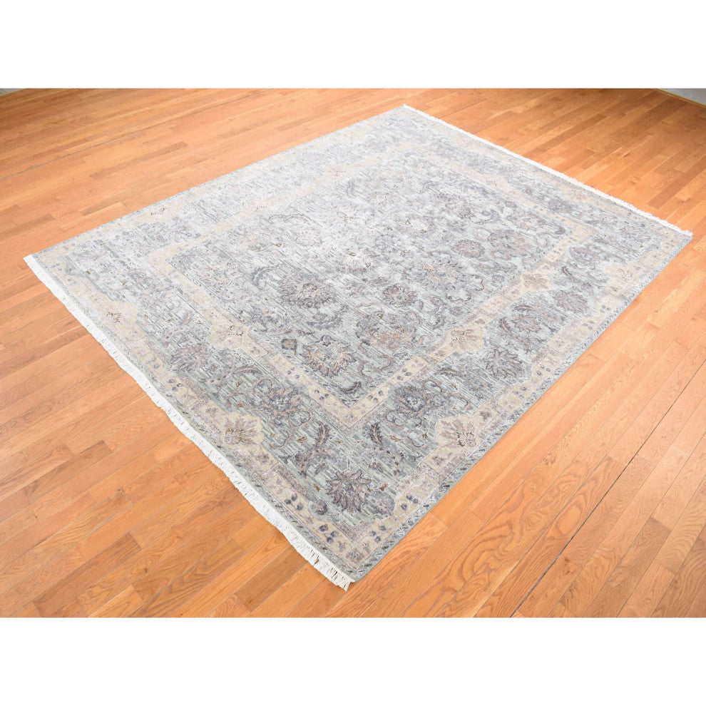 Light Green Pure Silk Wool Mughal Design Hand Knotted Oriental Rug 7'10"x10'