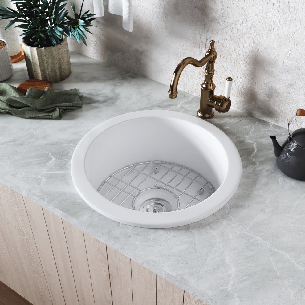 19"L x 19"W Undermount Fireclay Kitchen Sink with Sink Grid and Basket Strainer